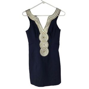Lilly Pulitzer Valli Shift Dress Navy Blue gold trim size 00